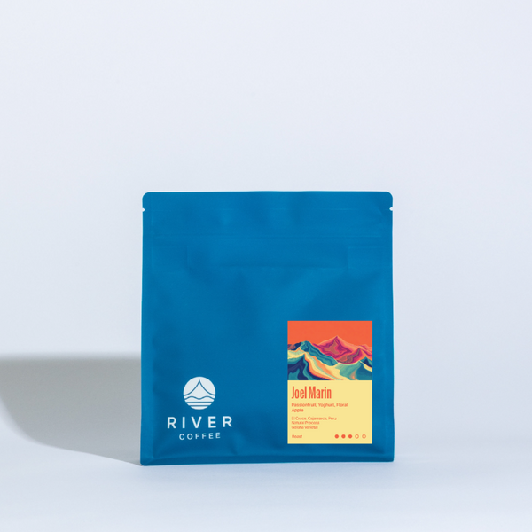 Blue coffee package with a colorful label featuring mountains on a light blue background